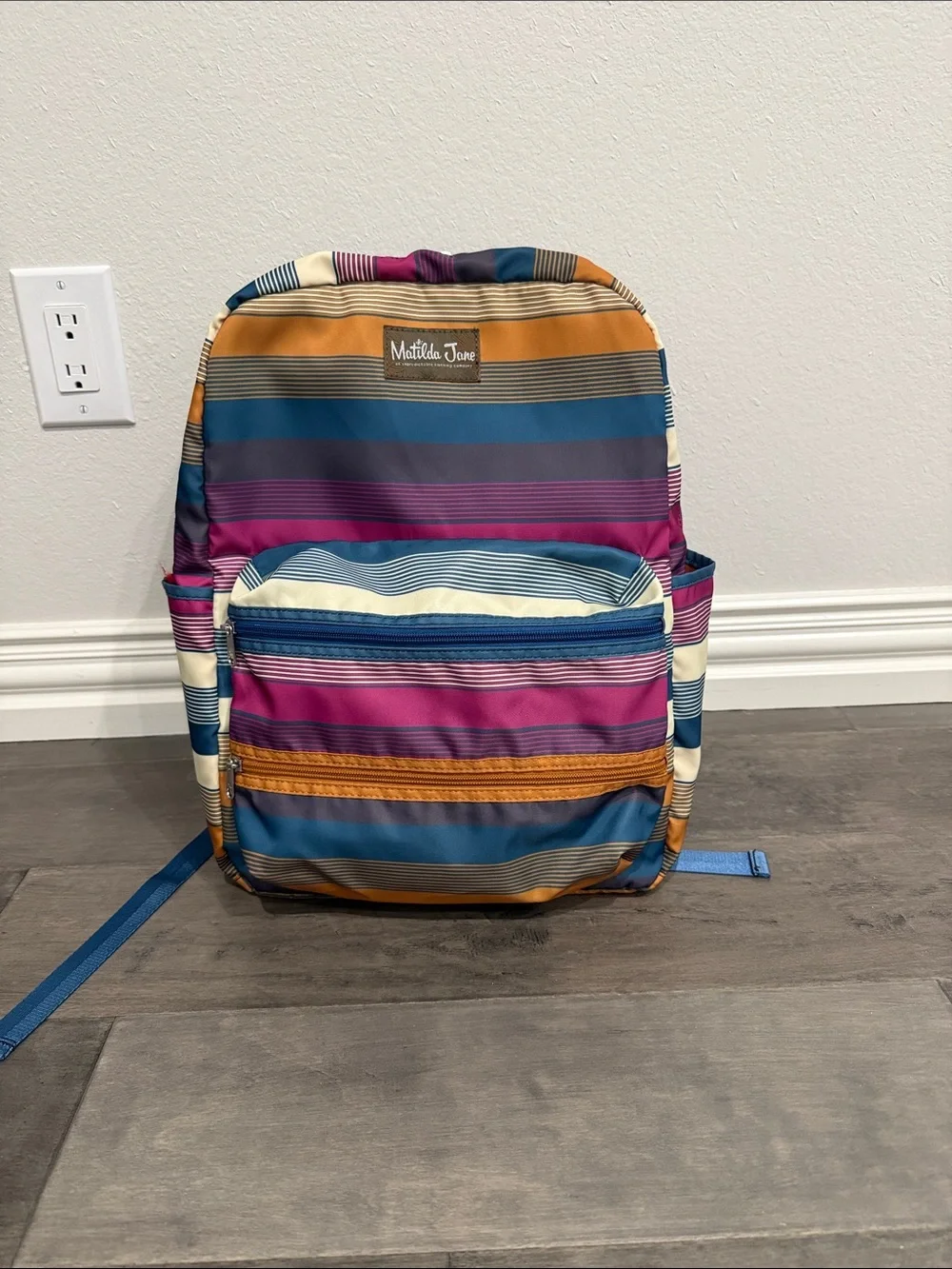 Matilda Jane Multicolor Striped Backpack in Blue, Pink, Mustard & Cream